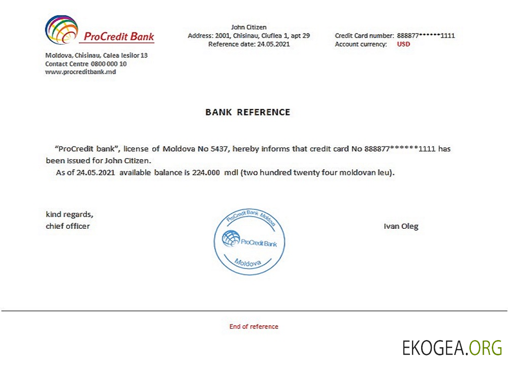Moldavie , Procredit bank , reference